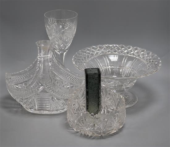 A Whitefriars vase and four pieces of cut glass tallest 28cm high